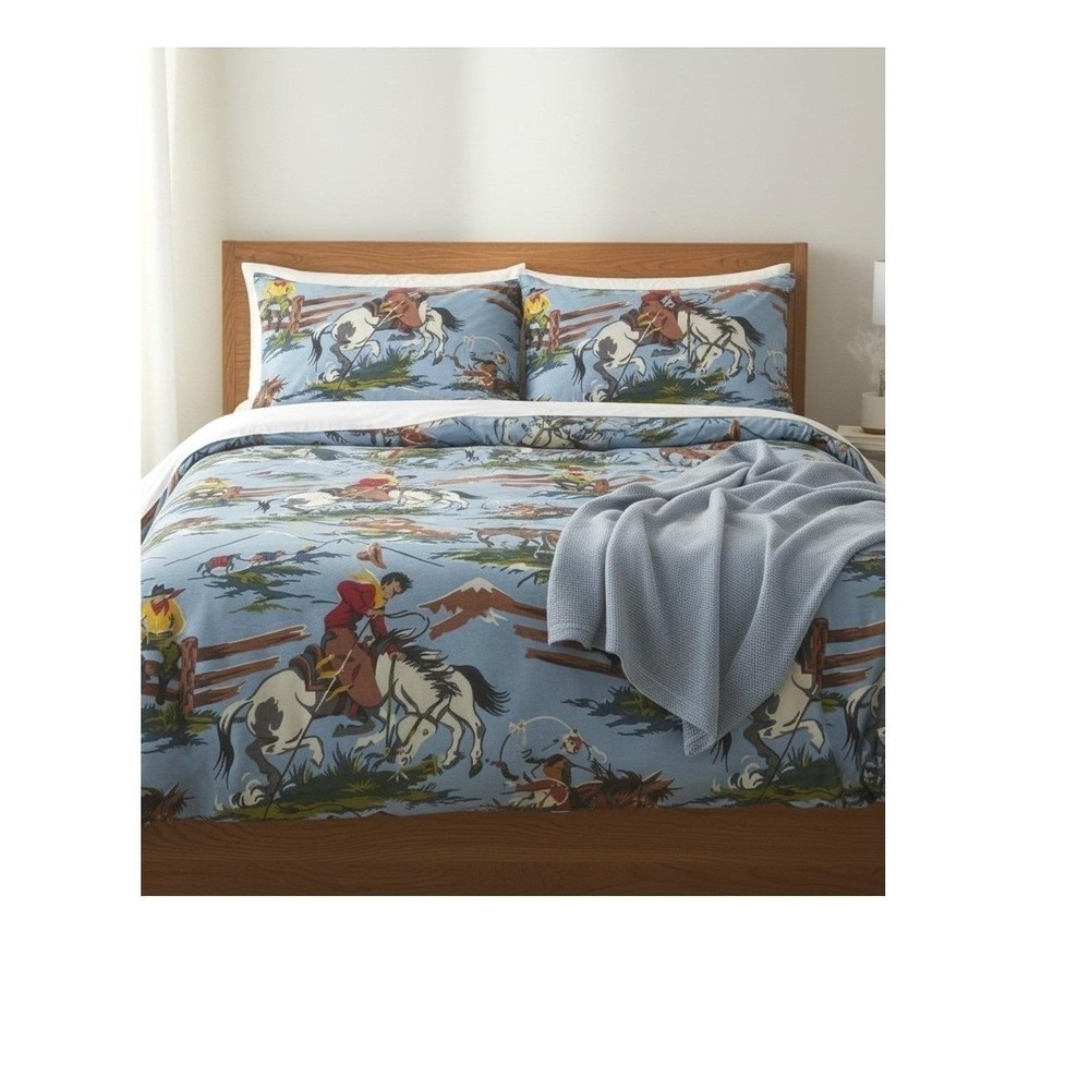Vintage Nick & Nora Rio Grande Western Cowboy Queen Sheet Set Blue Jersey NEW